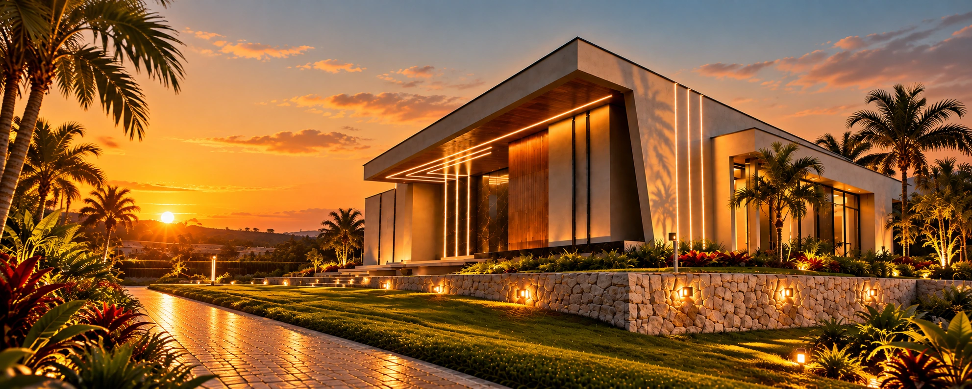 Fachada residencial iluminada ao entardecer