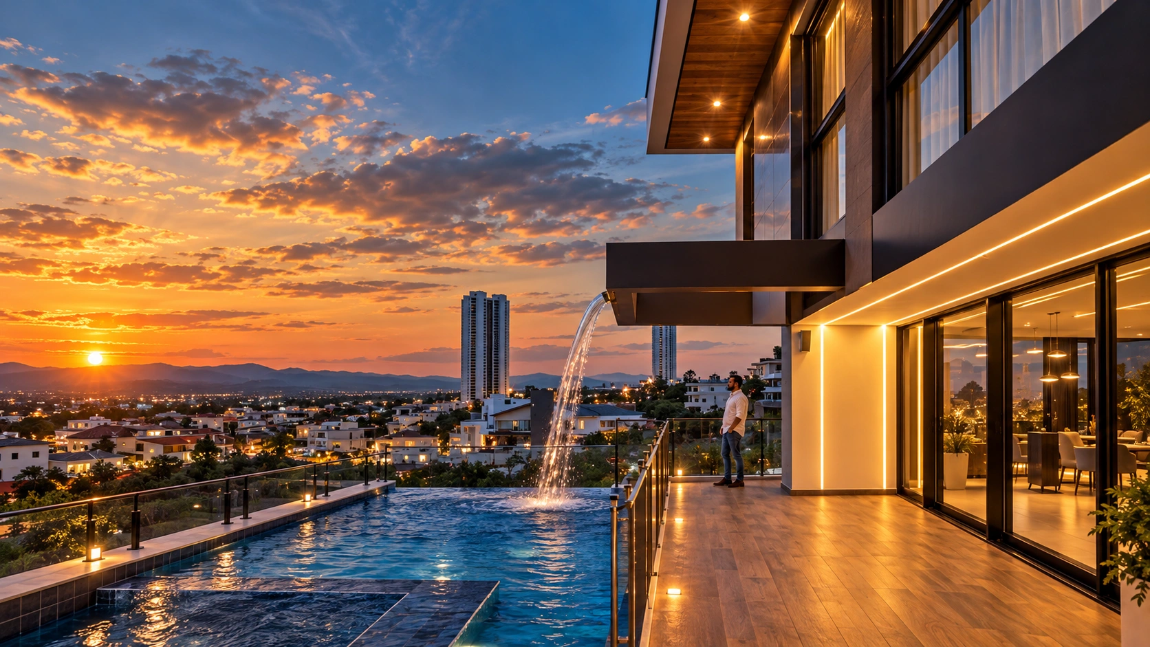 Residência com piscina e vista da cidade ao entardecer